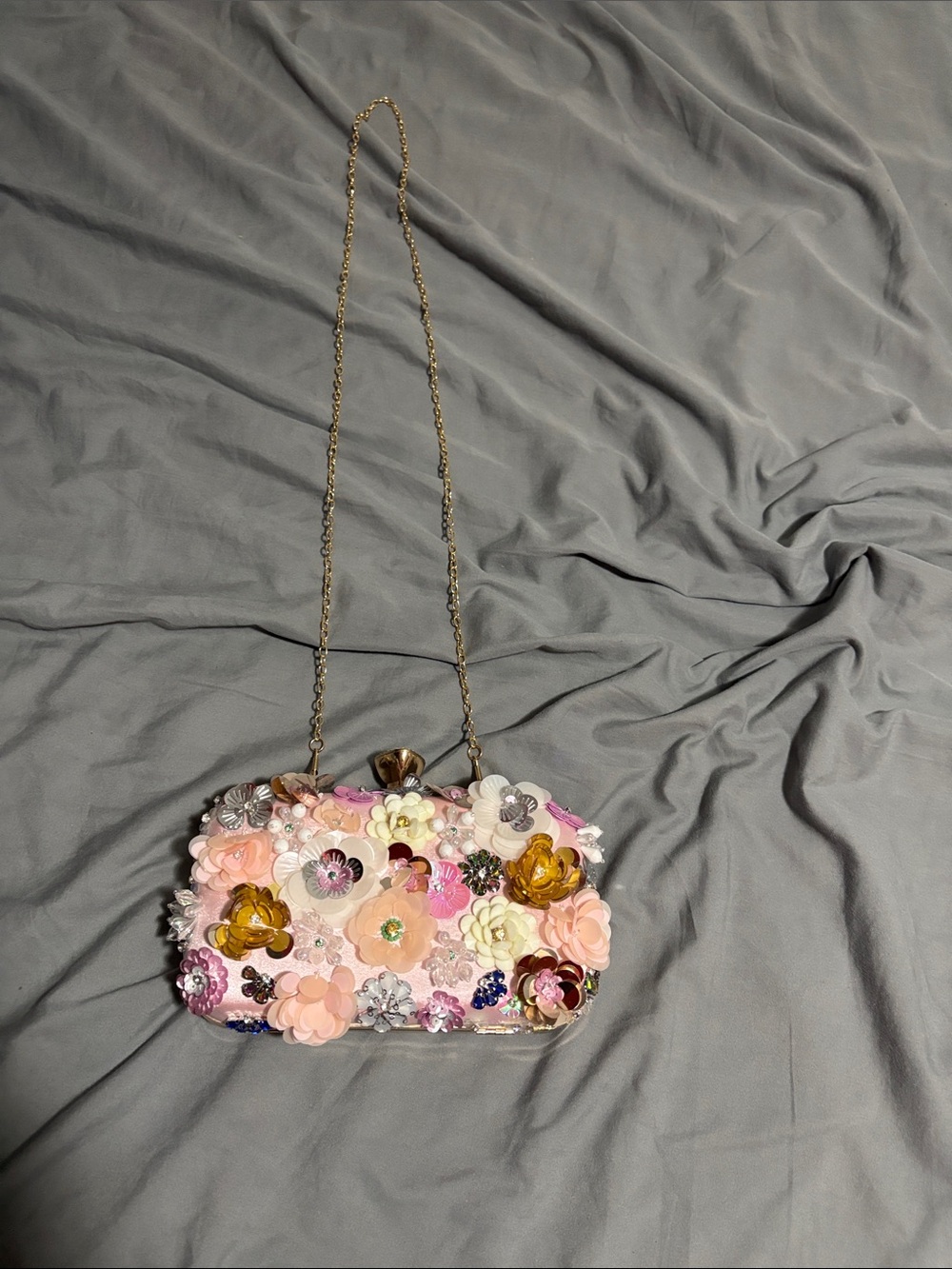 SHEIN Pink Floral Appliqué Chain Clutch with Gold Accents